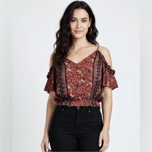 🍓 Miley & Molly Crop BohoTop Cold Shoulder LARGE Festival Bohemian Burn Red